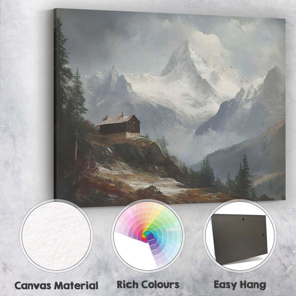 Majestic Snow Capped Mountain Peak Alpine Cabin Landscape Canvas Wall Art Print Decor Picture Ready to Hang