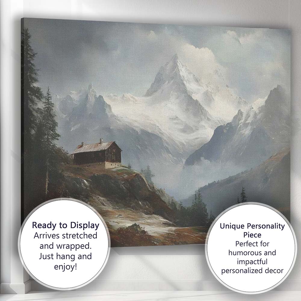 Majestic Snow Capped Mountain Peak Alpine Cabin Landscape Canvas Wall Art Print Decor Picture Ready to Hang
