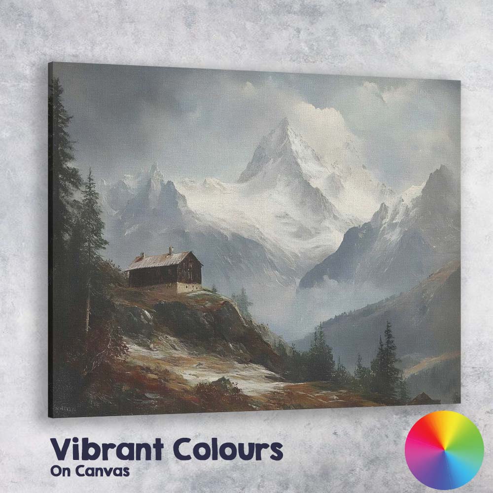 Majestic Snow Capped Mountain Peak Alpine Cabin Landscape Canvas Wall Art Print Decor Picture Ready to Hang