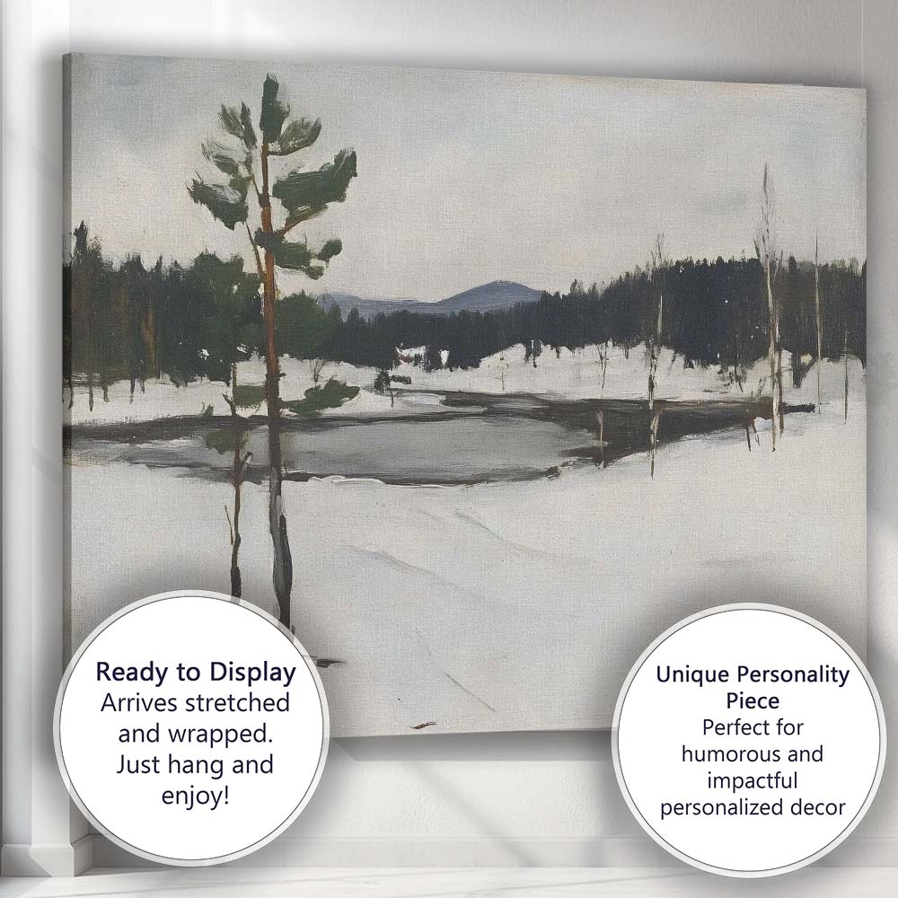 Minimalist Frozen Lake Snowy Pine Trees Nordic Landscape Canvas Wall Art Print Decor Picture Ready to Hang