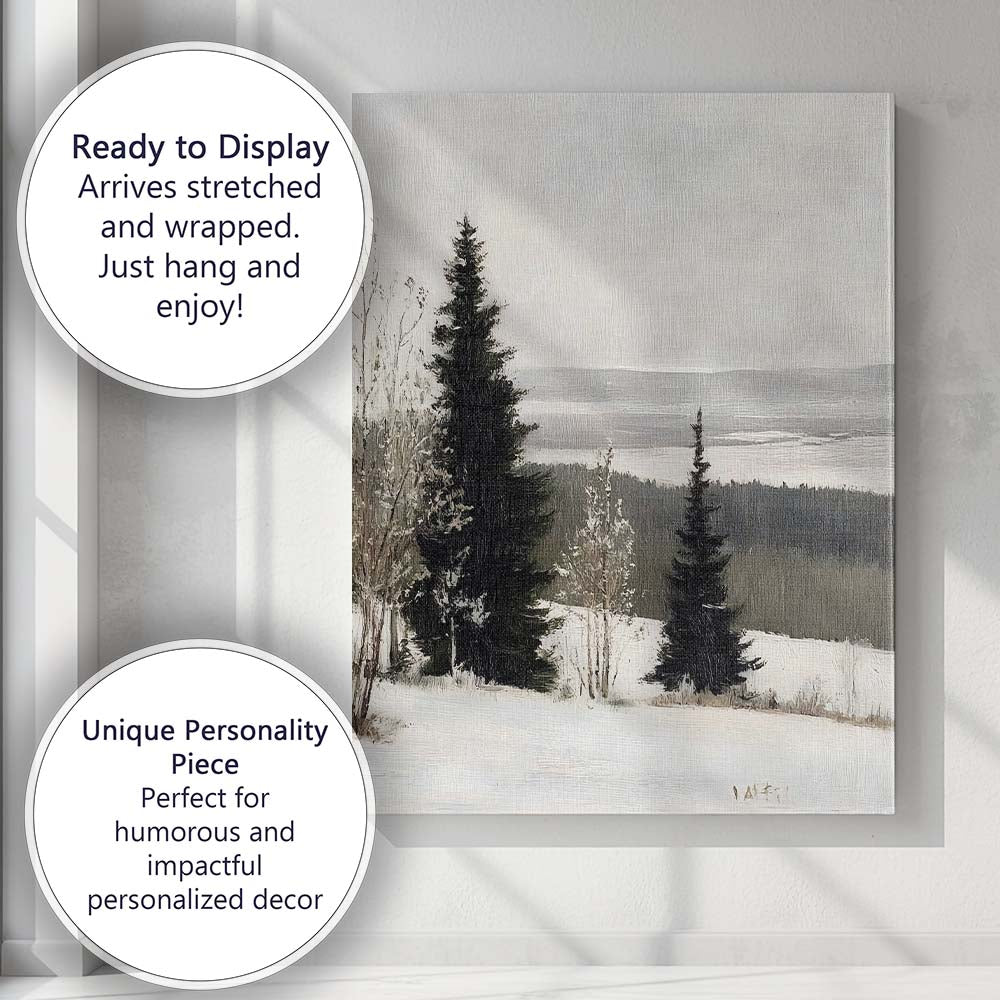 Minimalist Winter Pine Forest Snowy Valley Landscape Canvas Wall Art Print Decor Picture Ready to Hang