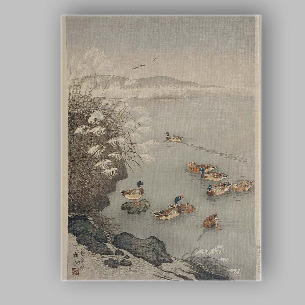 Japanese Style Ducks on Tranquil Reed Lake Winter Waterscape Canvas Wall Art Print Decor Picture Ready to Hang