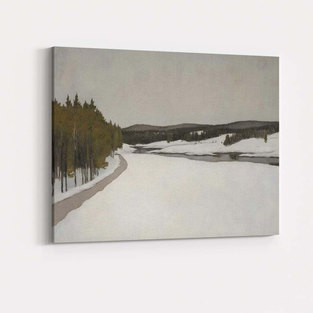 Frozen River Valley Winter Wilderness Landscape Muted Grey Green Scenic Painting Canvas Wall Art Print Decor Picture Ready to Hang
