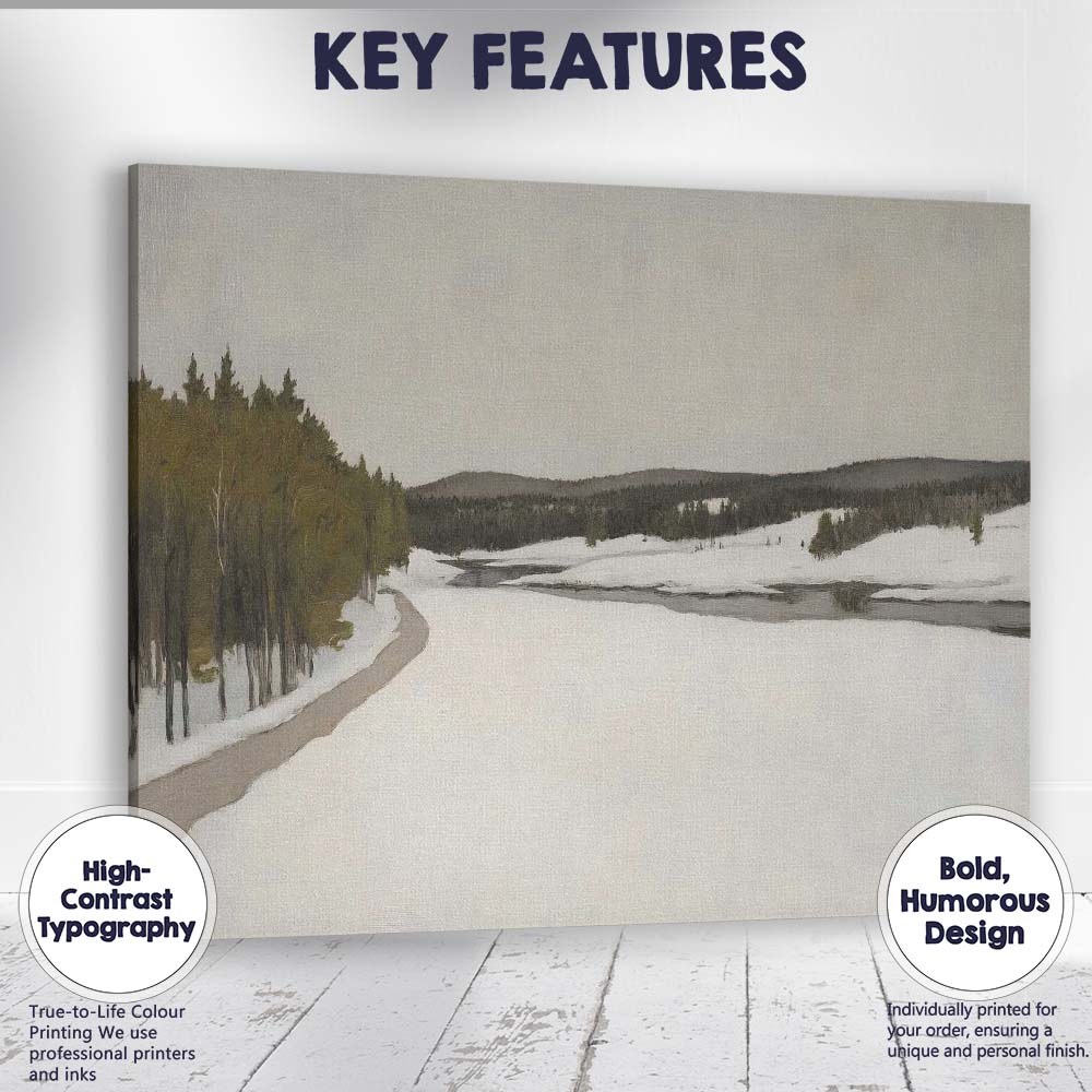 Frozen River Valley Winter Wilderness Landscape Muted Grey Green Scenic Painting Canvas Wall Art Print Decor Picture Ready to Hang