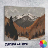 Snow Capped Mountain Peaks Winter Forest Valley Rustic Earth Tone Landscape Canvas Wall Art Print Decor Picture Ready to Hang