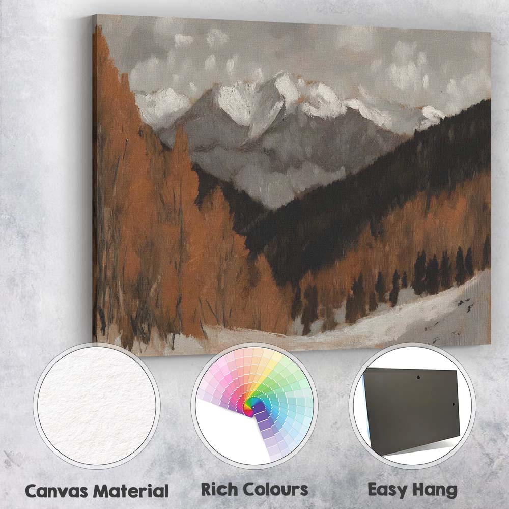 Dramatic Alpine Mountain Range Winter Woodland Landscape Warm Brown Toned Painting Canvas Wall Art Print Decor Picture Ready to Hang