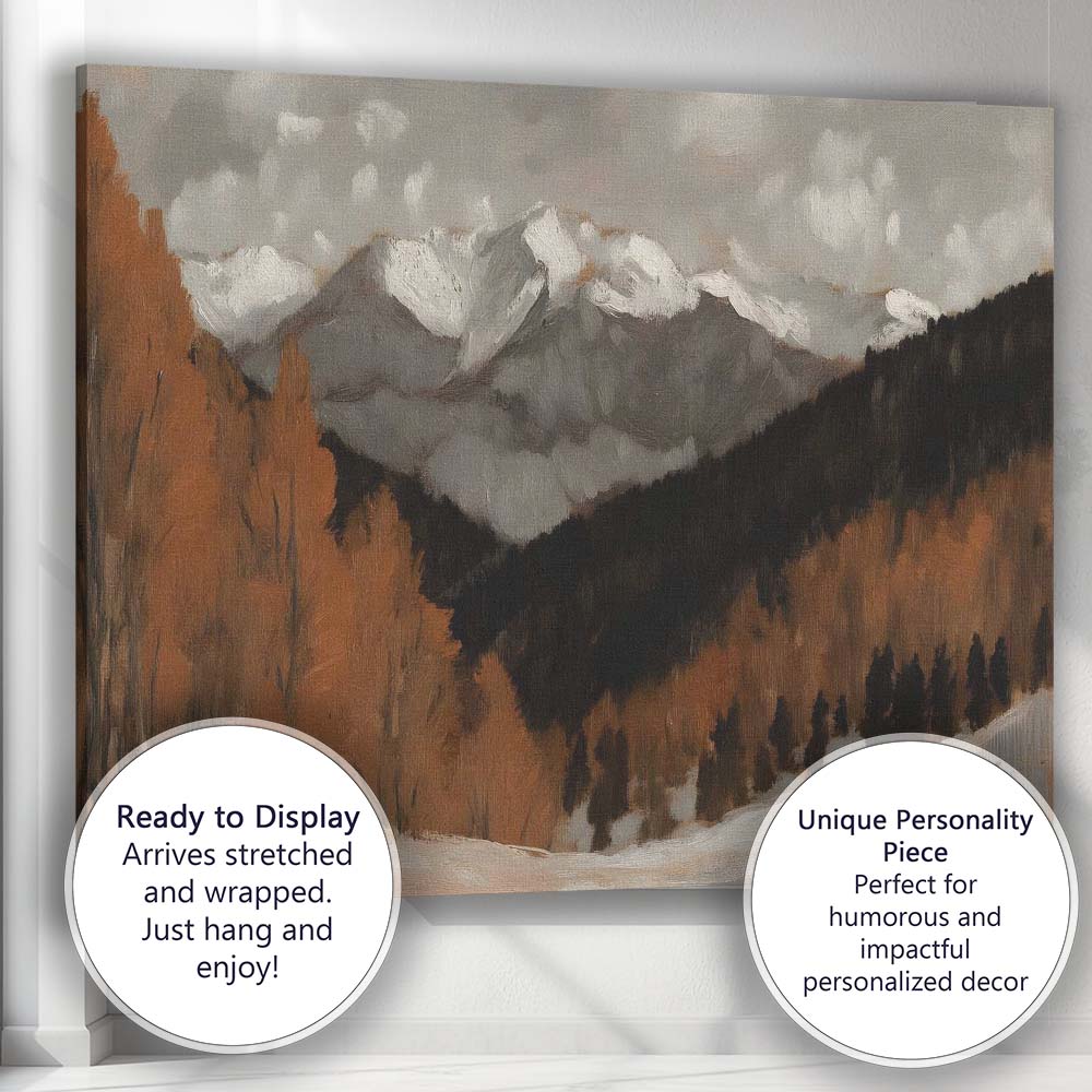 Dramatic Alpine Mountain Range Winter Woodland Landscape Warm Brown Toned Painting Canvas Wall Art Print Decor Picture Ready to Hang