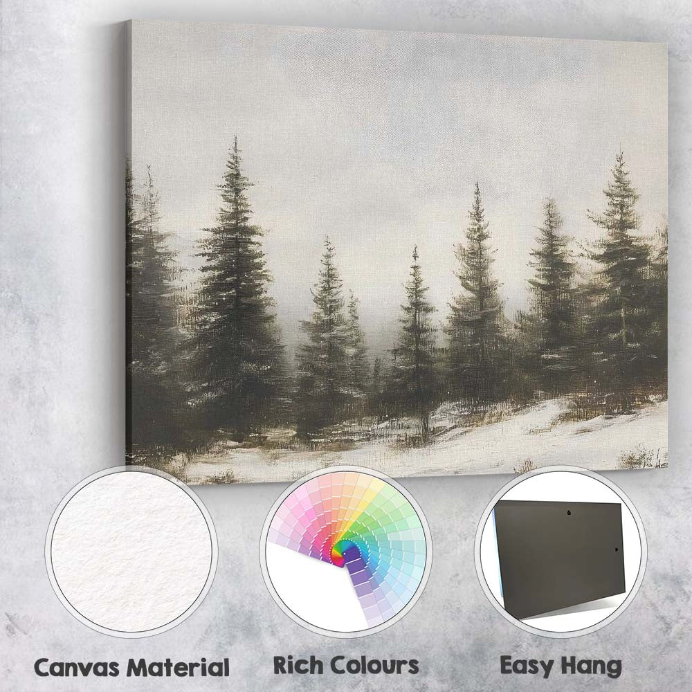 Misty Evergreen Pine Forest Snowy Woodland Landscape Canvas Wall Art Print Decor Picture Ready to Hang