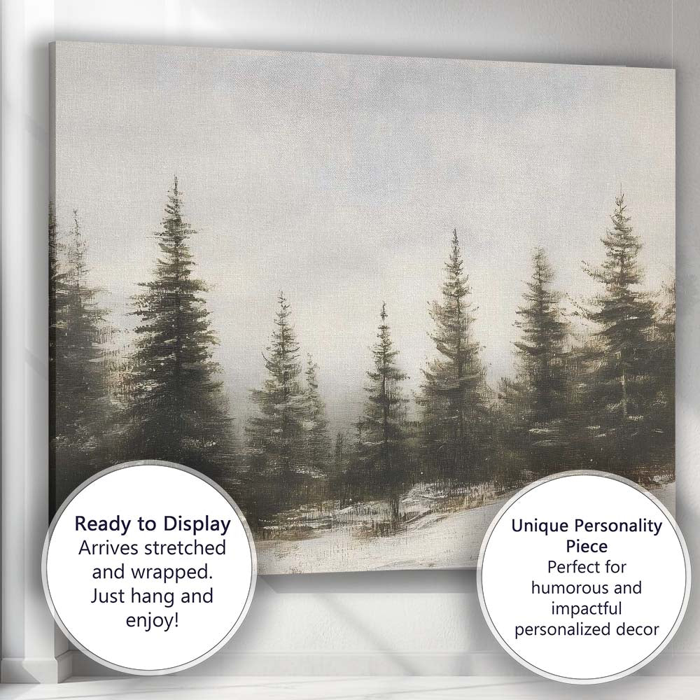 Misty Evergreen Forest Snowy Woodland Winter Landscape Canvas Wall Art Print Decor Picture Ready to Hang