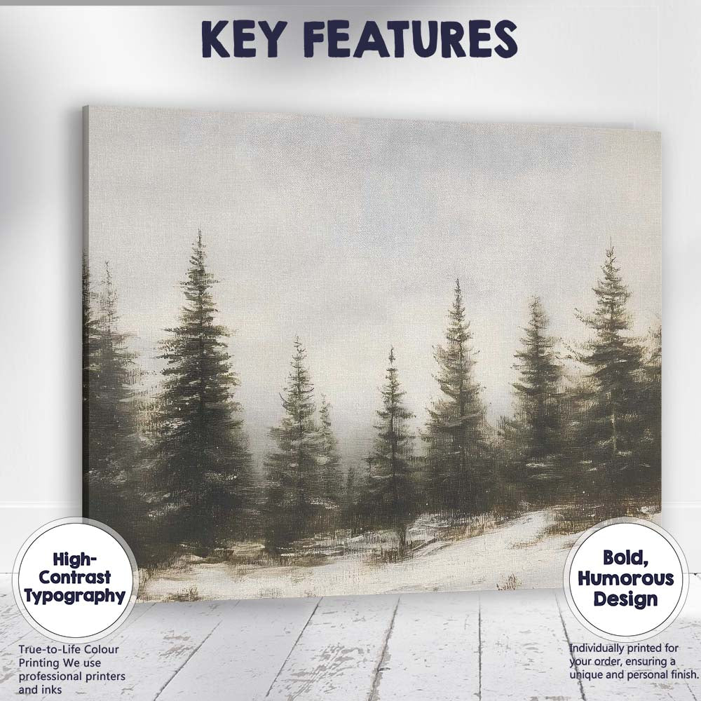 Misty Evergreen Pine Forest Snowy Woodland Landscape Canvas Wall Art Print Decor Picture Ready to Hang