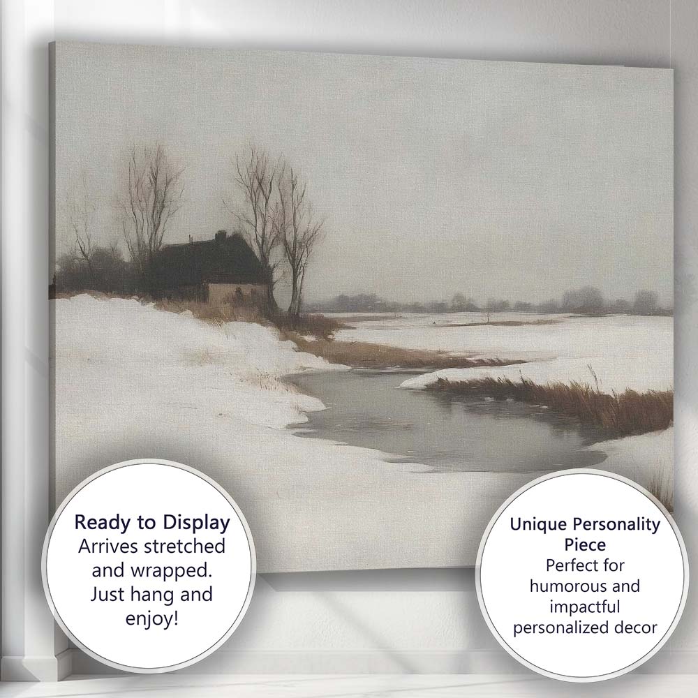 Quiet Frozen Stream Rural Winter Countryside Landscape Canvas Wall Art Print Decor Picture Ready to Hang