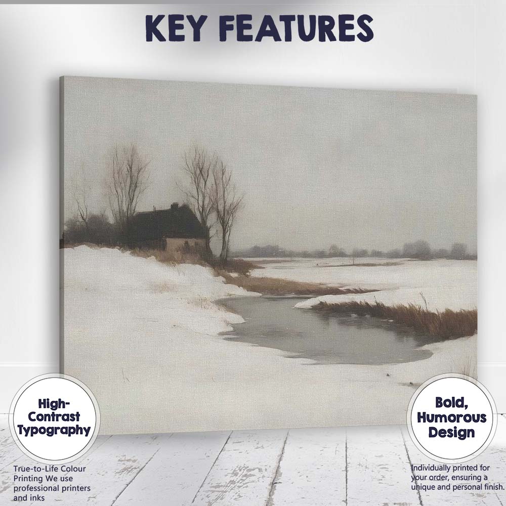 Quiet Frozen Stream Rural Winter Countryside Landscape Canvas Wall Art Print Decor Picture Ready to Hang