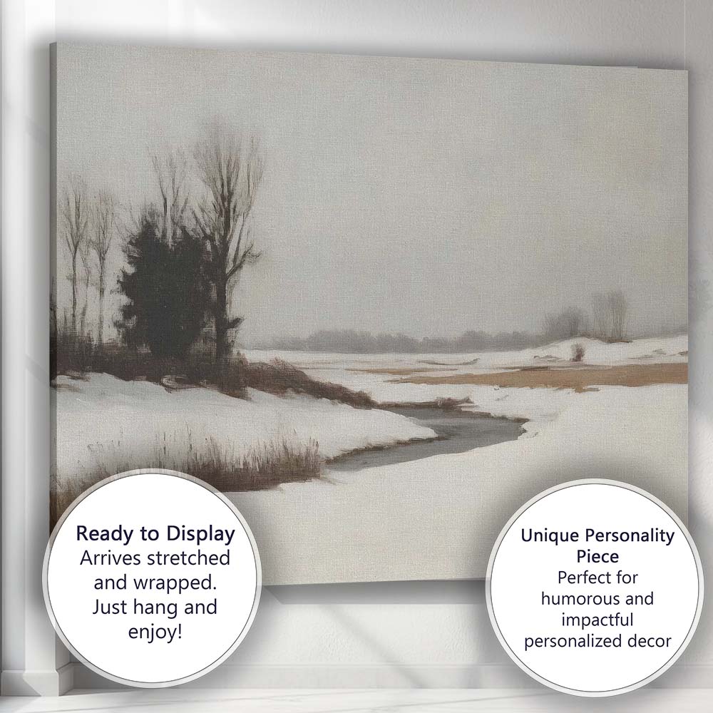 Minimalist Snowy Marshland River Winter Landscape Canvas Wall Art Print Decor Picture Ready to Hang