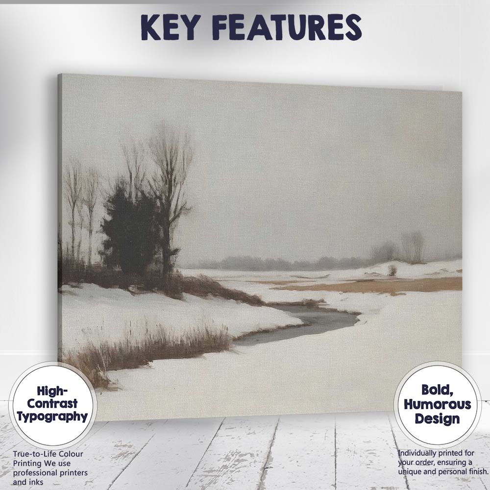 Minimalist Snowy Marshland River Winter Landscape Canvas Wall Art Print Decor Picture Ready to Hang