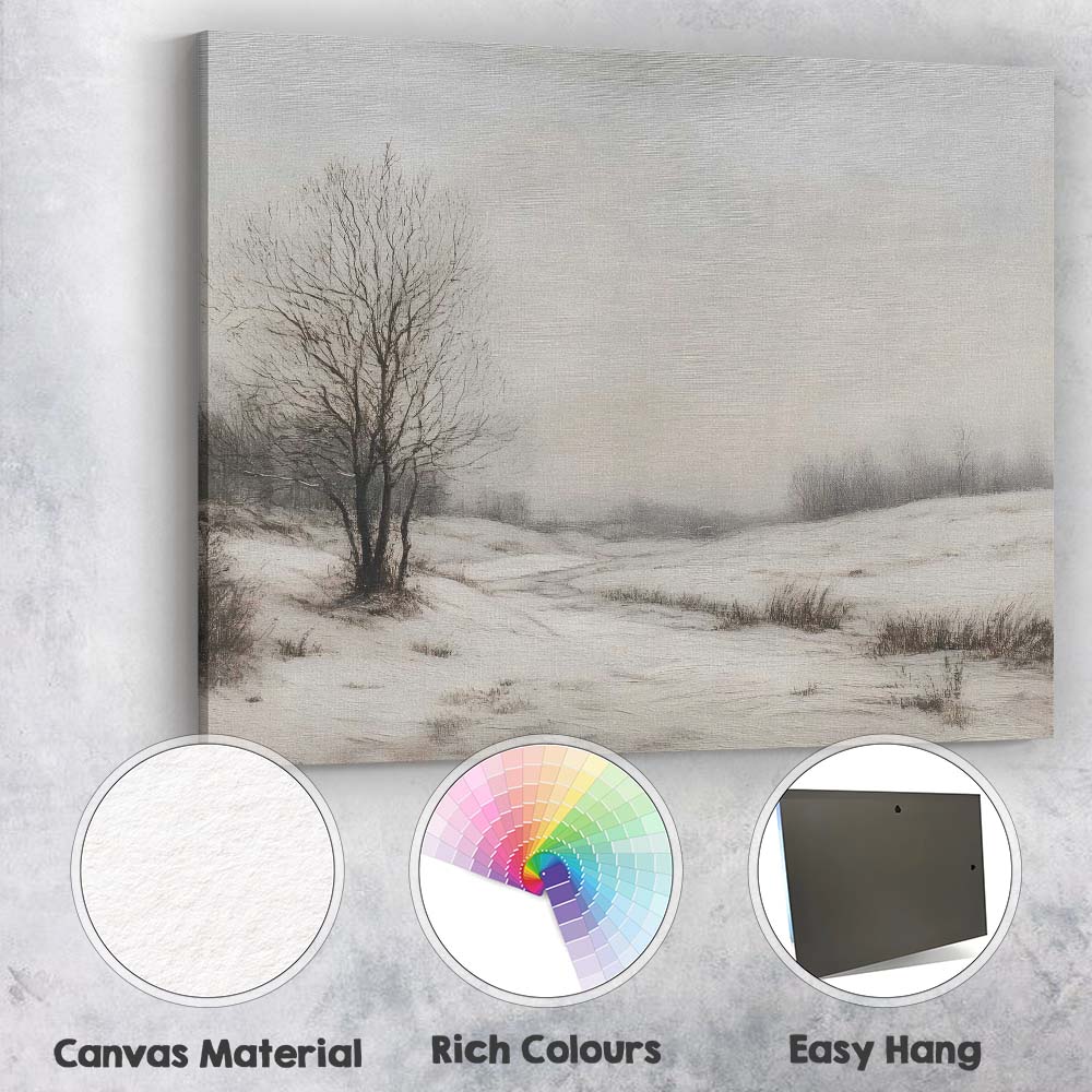 Serene Winter Meadow Snow Covered Countryside Bare Tree Landscape Canvas Wall Art Print Decor Picture Ready to Hang