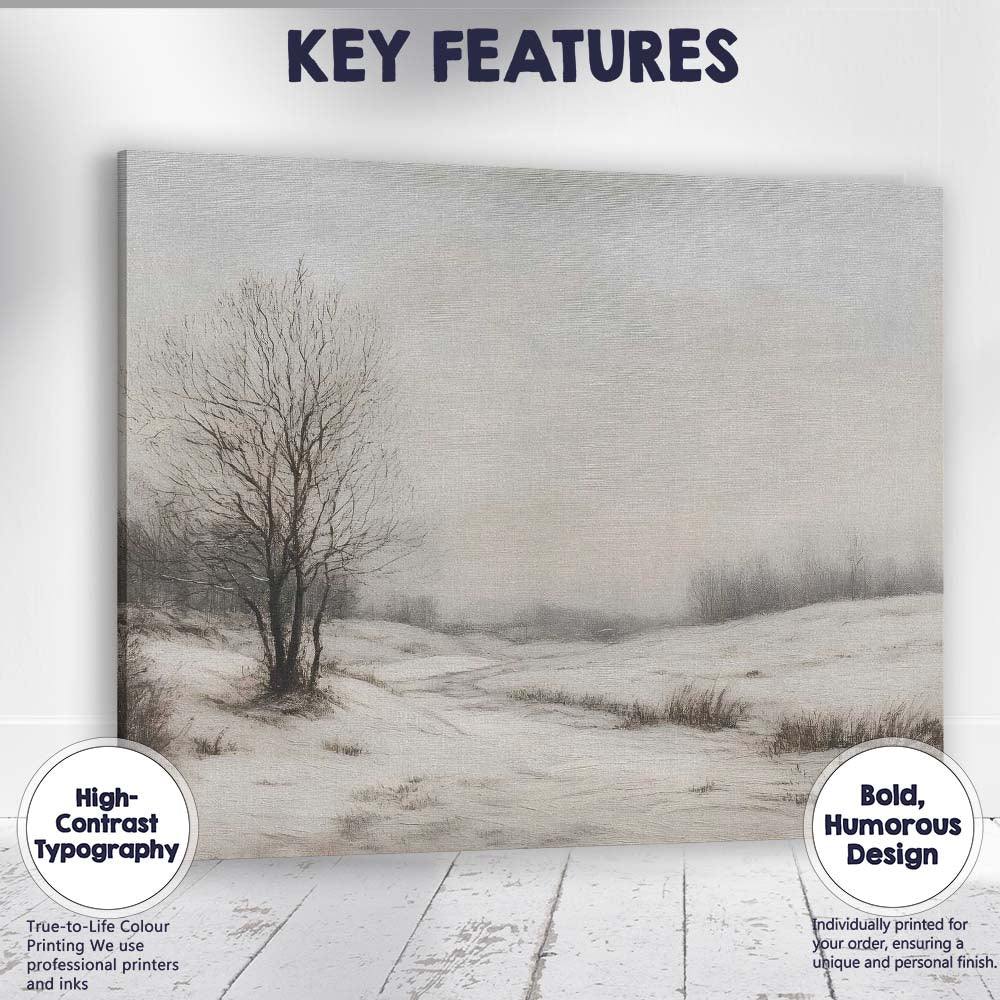 Serene Winter Meadow Snow Covered Countryside Bare Tree Landscape Canvas Wall Art Print Decor Picture Ready to Hang
