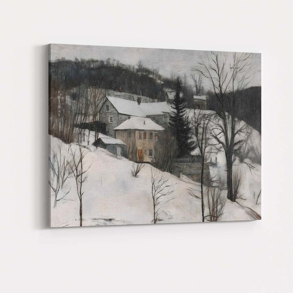 Rustic Snow Covered Village Hillside Winter Landscape Canvas Wall Art Print Decor Picture Ready to Hang
