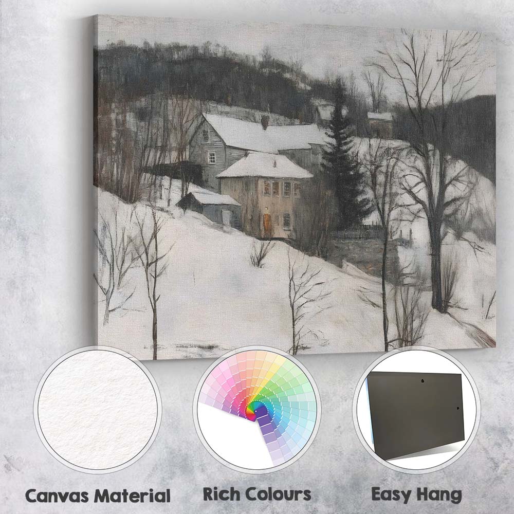 Rustic Snow Covered Village Hillside Winter Landscape Canvas Wall Art Print Decor Picture Ready to Hang