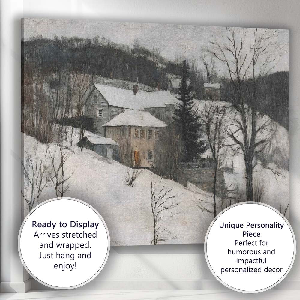 Rustic Snow Covered Village Hillside Winter Landscape Canvas Wall Art Print Decor Picture Ready to Hang