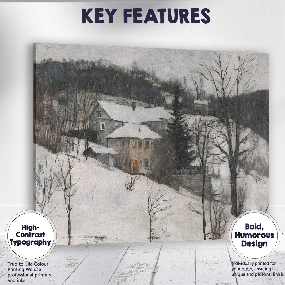 Rustic Snow Covered Village Hillside Winter Landscape Canvas Wall Art Print Decor Picture Ready to Hang