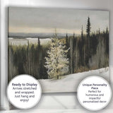 Snowy Evergreen Forest Panorama Winter Landscape Moody Neutral Tones Painting Canvas Wall Art Print Decor Picture Ready to Hang