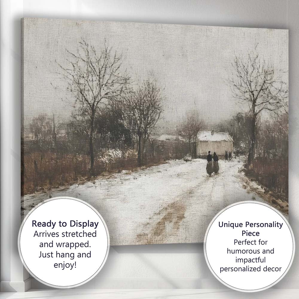Rustic Snow Covered Country Lane Village Scene Canvas Wall Art Print Decor Picture Ready to Hang
