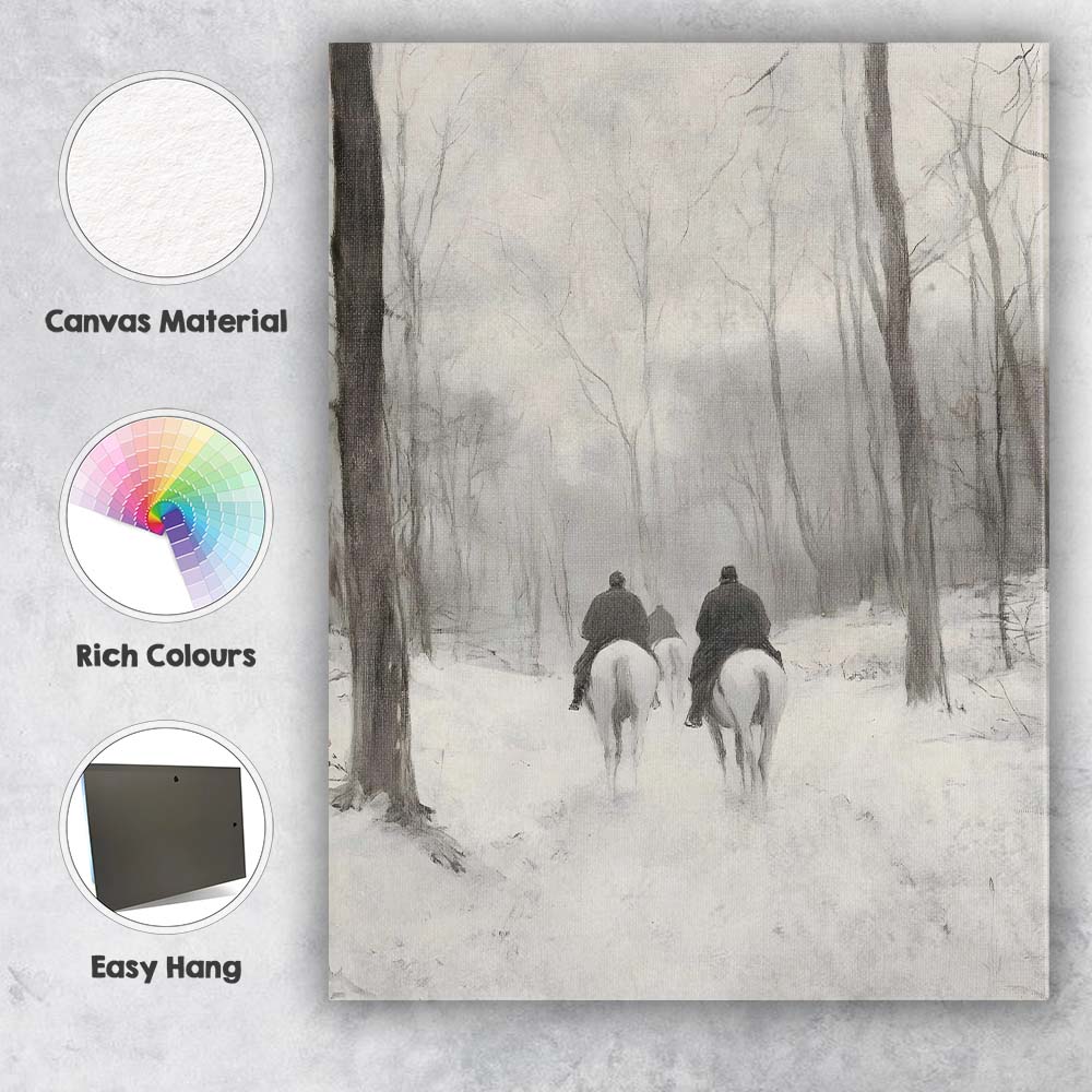 Snowy Woodland Horse Riders Winter Forest Path Atmospheric Landscape Canvas Wall Art Print Decor Picture Ready to Hang