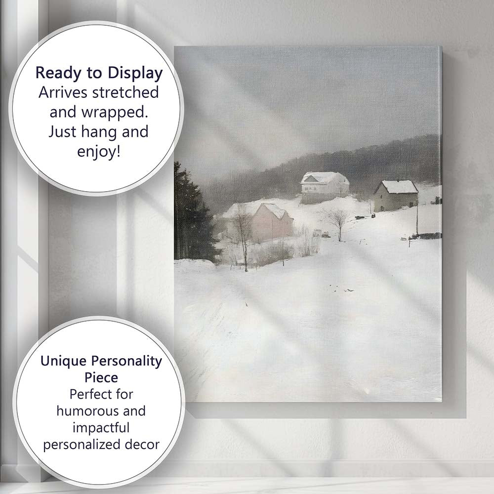 Soft Impressionist Snow Covered Rural Farm Winter Landscape Canvas Wall Art Print Decor Picture Ready to Hang