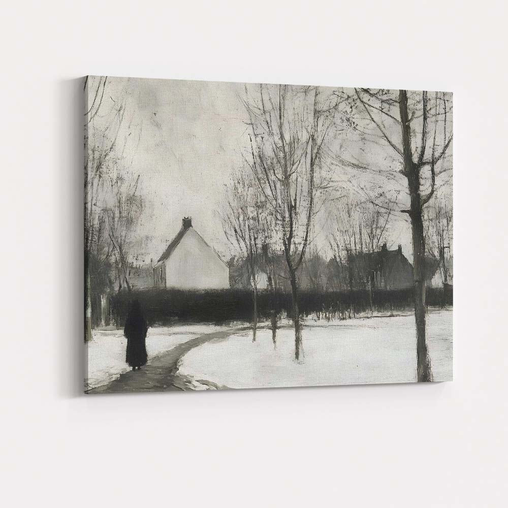Monochrome Winter Village Pathway Figure Landscape Canvas Wall Art Print Decor Picture Ready to Hang