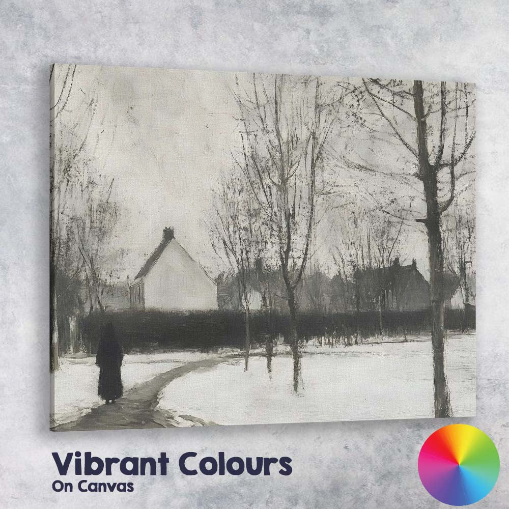 Monochrome Winter Village Pathway Figure Landscape Canvas Wall Art Print Decor Picture Ready to Hang