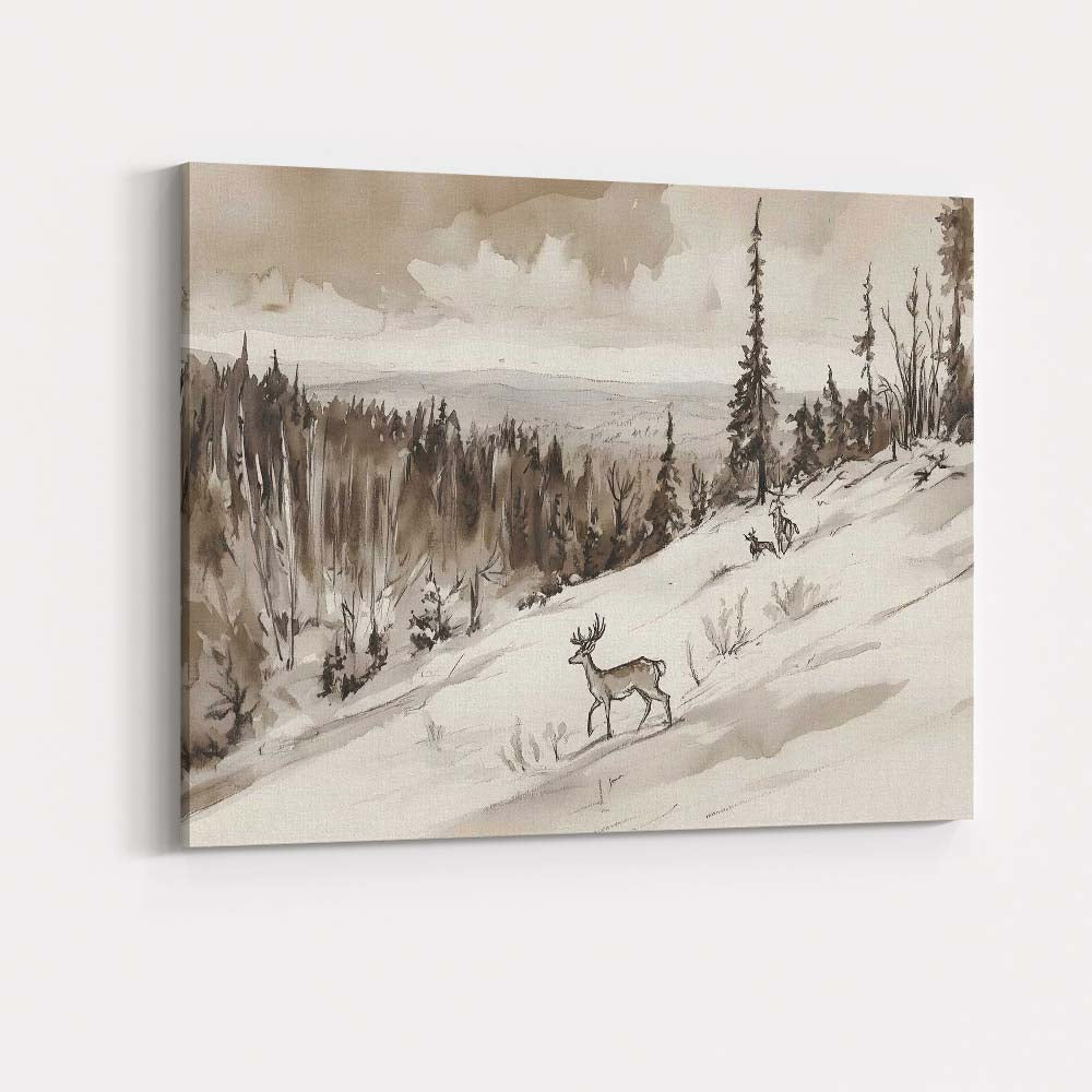 Sepia Woodland Deer Snowy Hillside Watercolour Landscape Canvas Wall Art Print Decor Picture Ready to Hang