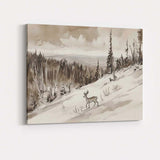 Sepia Woodland Deer Snowy Hillside Watercolour Landscape Canvas Wall Art Print Decor Picture Ready to Hang
