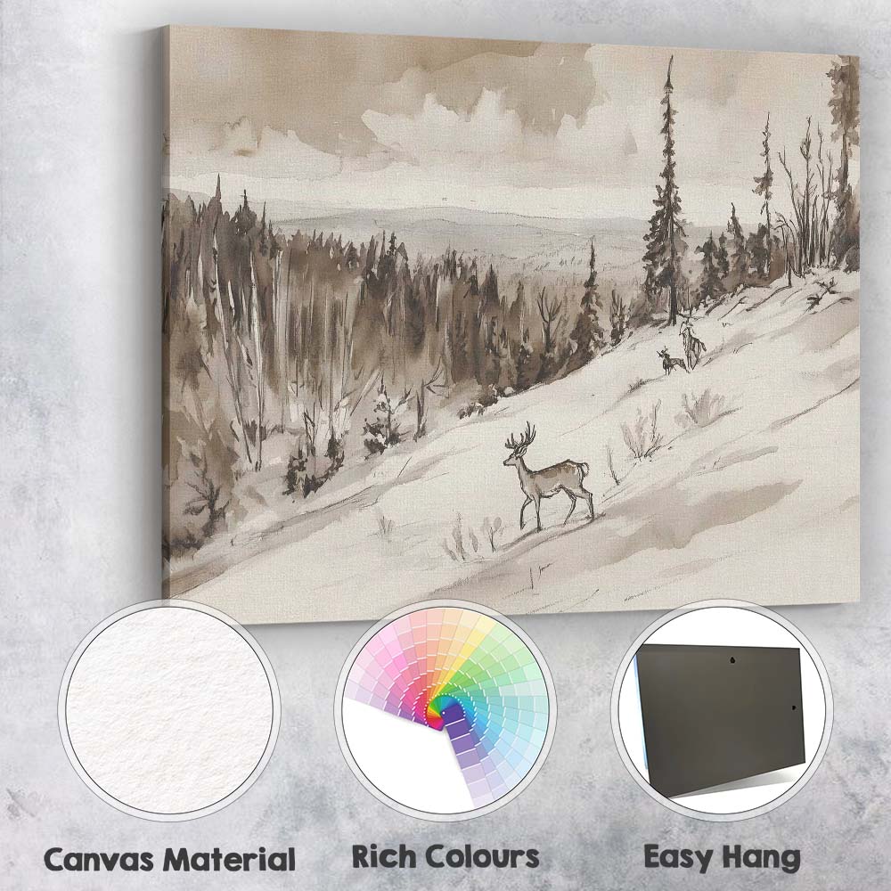 Sepia Woodland Deer Snowy Hillside Watercolour Landscape Canvas Wall Art Print Decor Picture Ready to Hang