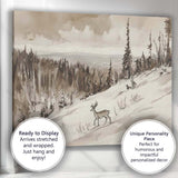 Sepia Woodland Deer Snowy Hillside Watercolour Landscape Canvas Wall Art Print Decor Picture Ready to Hang