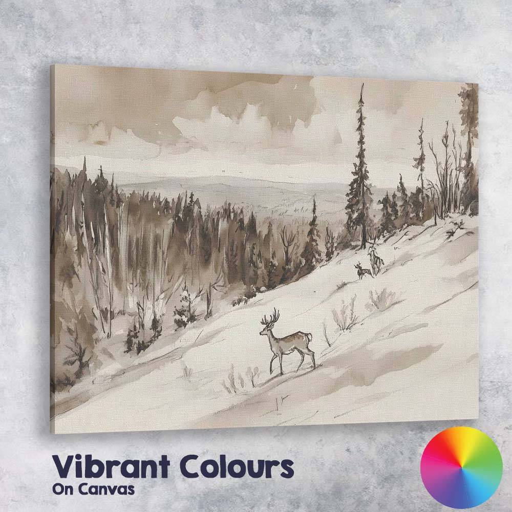 Sepia Woodland Deer Snowy Hillside Watercolour Landscape Canvas Wall Art Print Decor Picture Ready to Hang