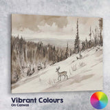 Sepia Woodland Deer Snowy Hillside Watercolour Landscape Canvas Wall Art Print Decor Picture Ready to Hang