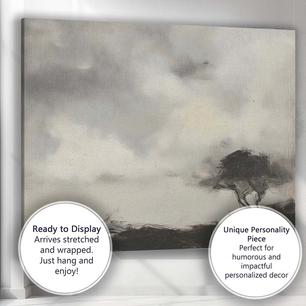 Minimalist Monochrome Windswept Lone Tree Stormy Sky Landscape Canvas Wall Art Print Decor Picture Ready to Hang