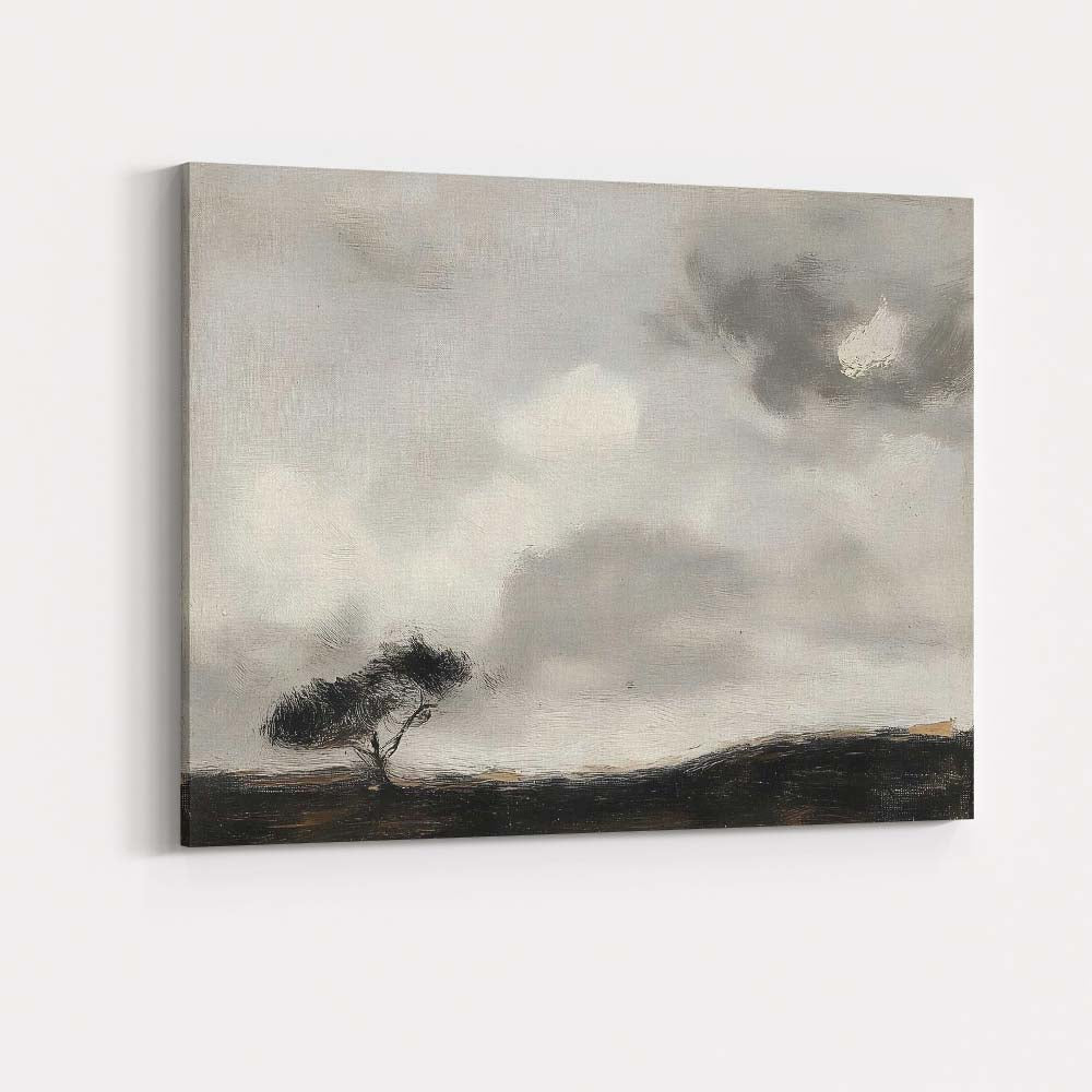 Monochrome Windswept Tree Dramatic Cloudy Landscape Textured Painting Canvas Wall Art Print Decor Picture Ready to Hang
