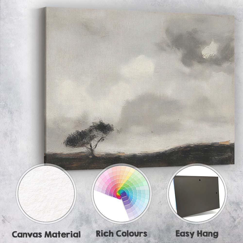 Monochrome Windswept Tree Dramatic Cloudy Landscape Textured Painting Canvas Wall Art Print Decor Picture Ready to Hang