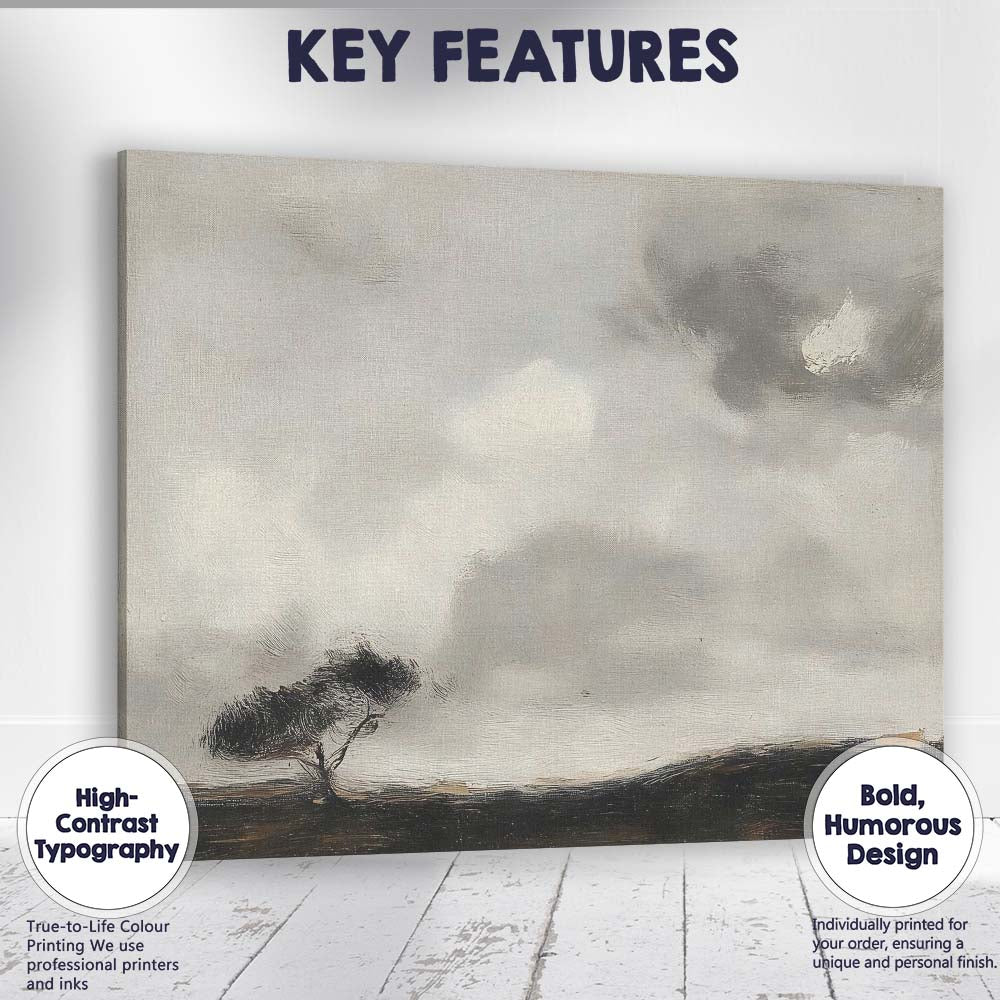 Monochrome Windswept Tree Dramatic Cloudy Landscape Textured Painting Canvas Wall Art Print Decor Picture Ready to Hang