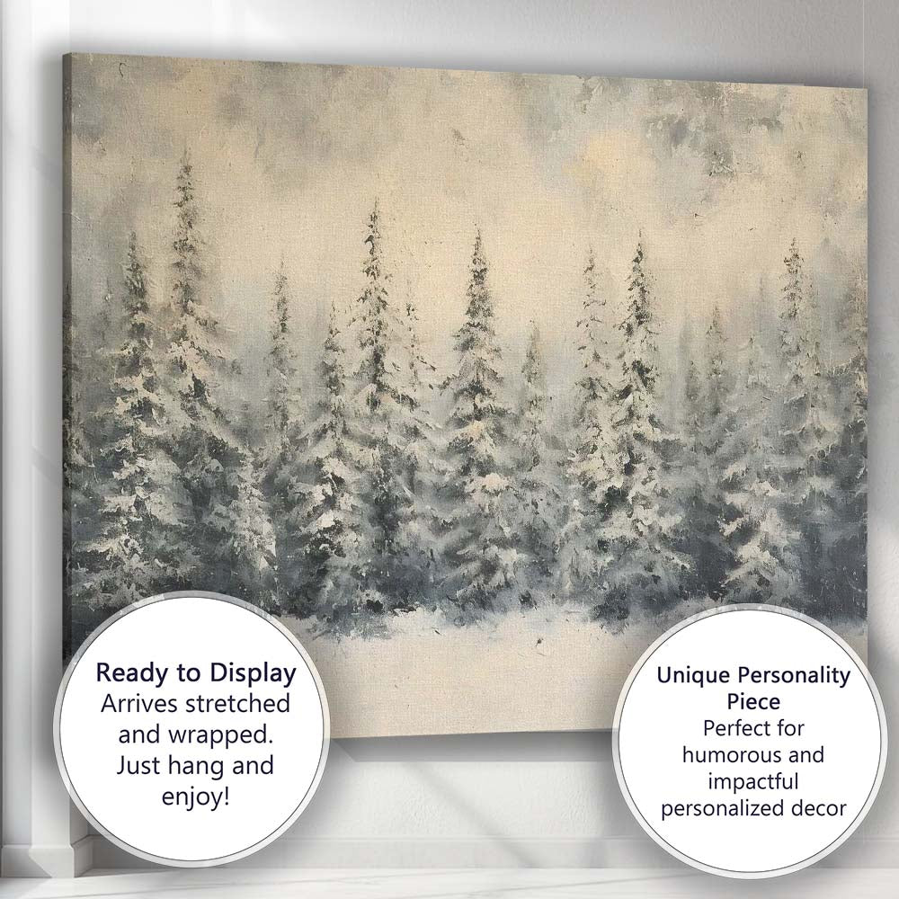 Textured Snowy Pine Forest Winter Woodland Canvas Wall Art Print Decor Picture Ready to Hang