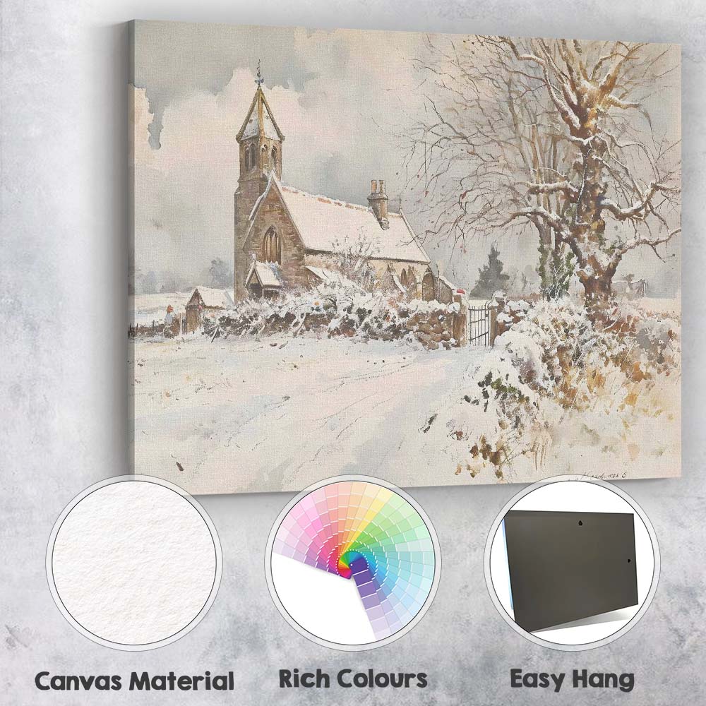 Watercolour Snowy Country Church Winter Village Landscape Canvas Wall Art Print Decor Picture Ready to Hang