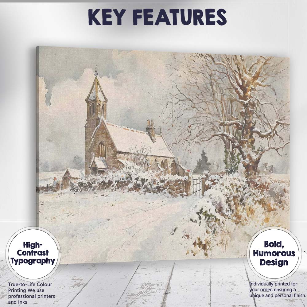 Watercolour Snowy Country Church Winter Village Landscape Canvas Wall Art Print Decor Picture Ready to Hang