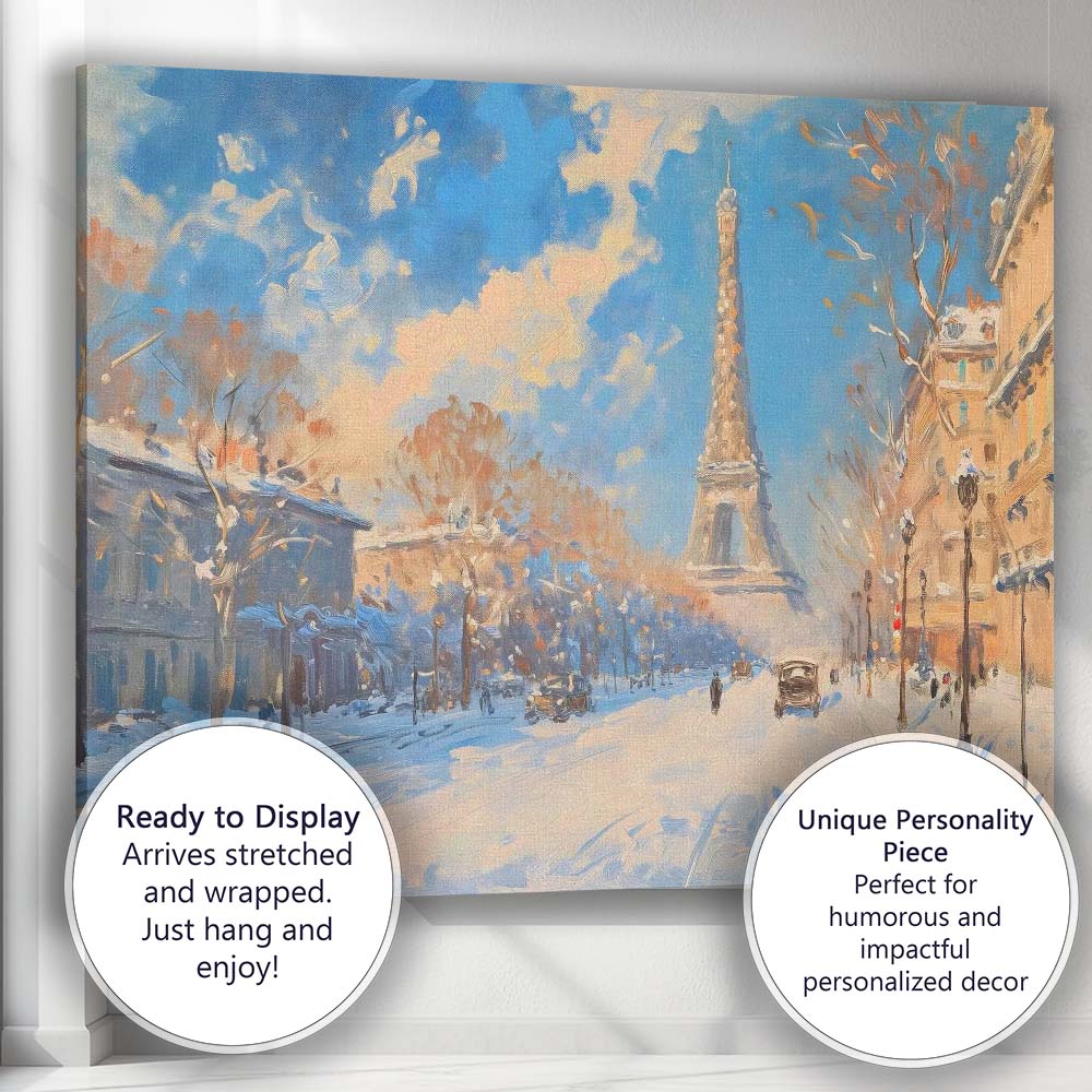 Paris Eiffel Tower Snowy Cityscape Impressionist Painting Canvas Wall Art Print Decor Picture Ready to Hang