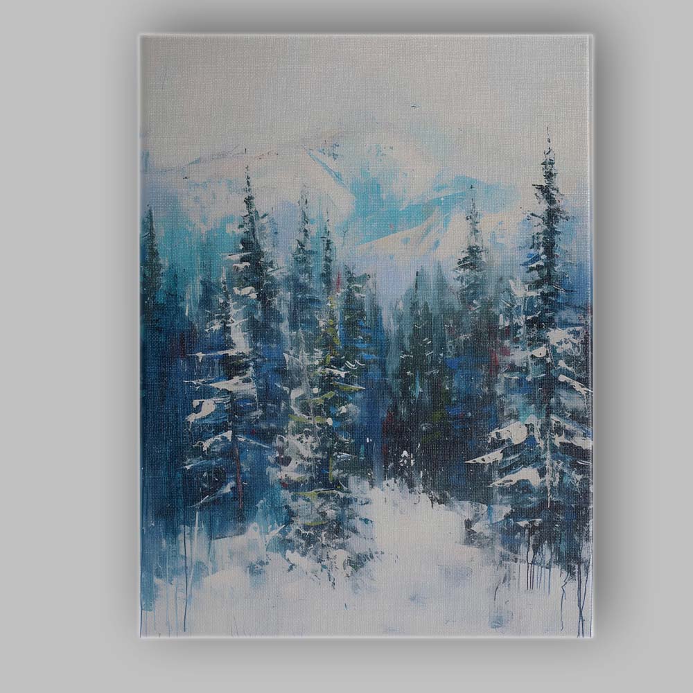 Abstract Blue Winter Mountain Forest Contemporary Landscape Canvas Wall Art Print Decor Picture Ready to Hang