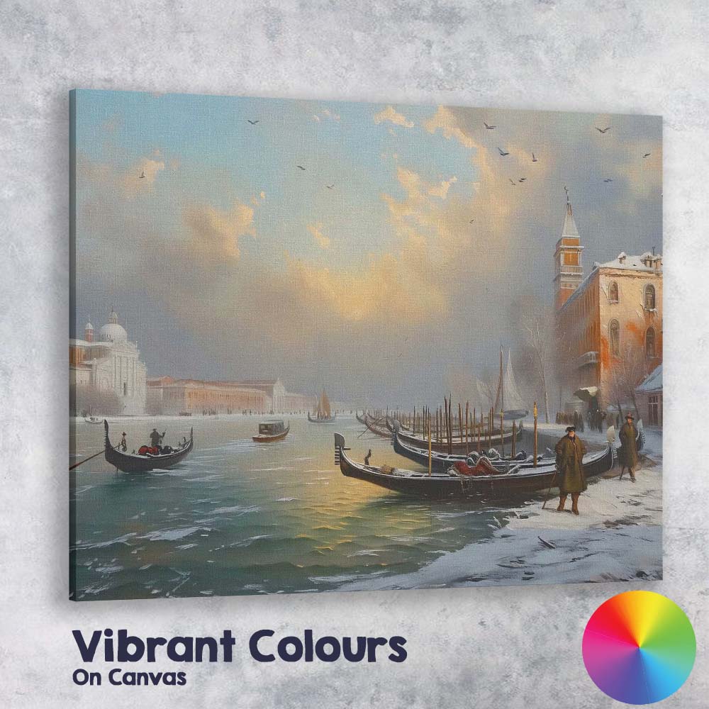 Venetian Gondolas Snowy Canal Sunset Scenic Painting Canvas Wall Art Print Decor Picture Ready to Hang