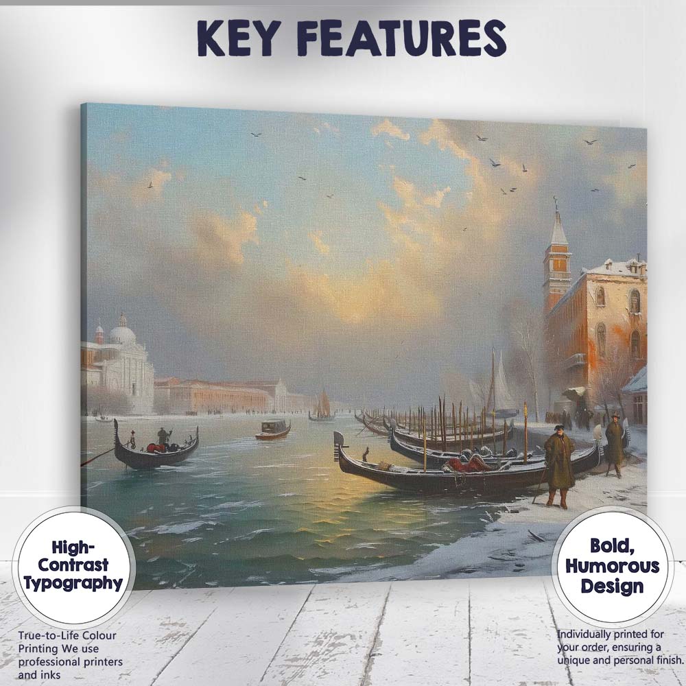 Impressionist Winter Venice Gondola Canal Cityscape Canvas Wall Art Print Decor Picture Ready to Hang