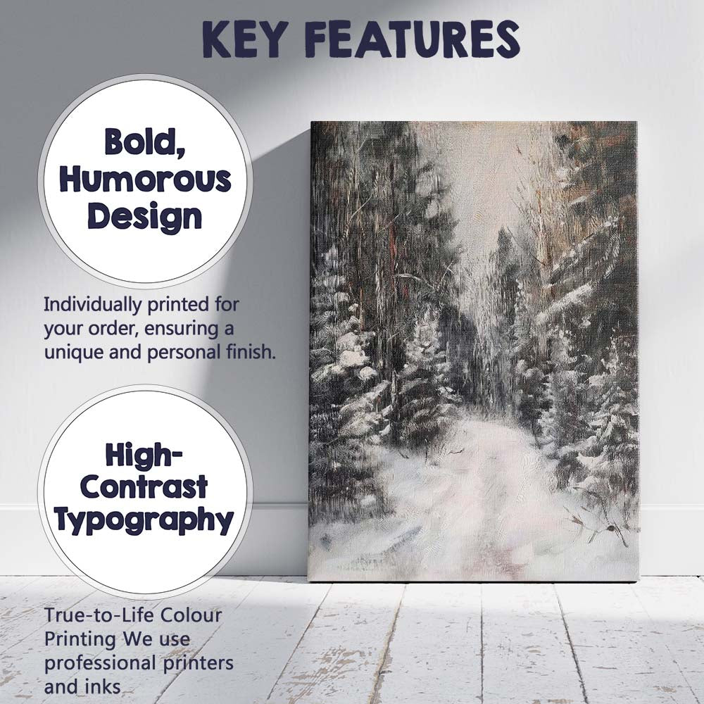 Snow Covered Forest Trail Moody Winter Woodland Canvas Wall Art Print Decor Picture Ready to Hang