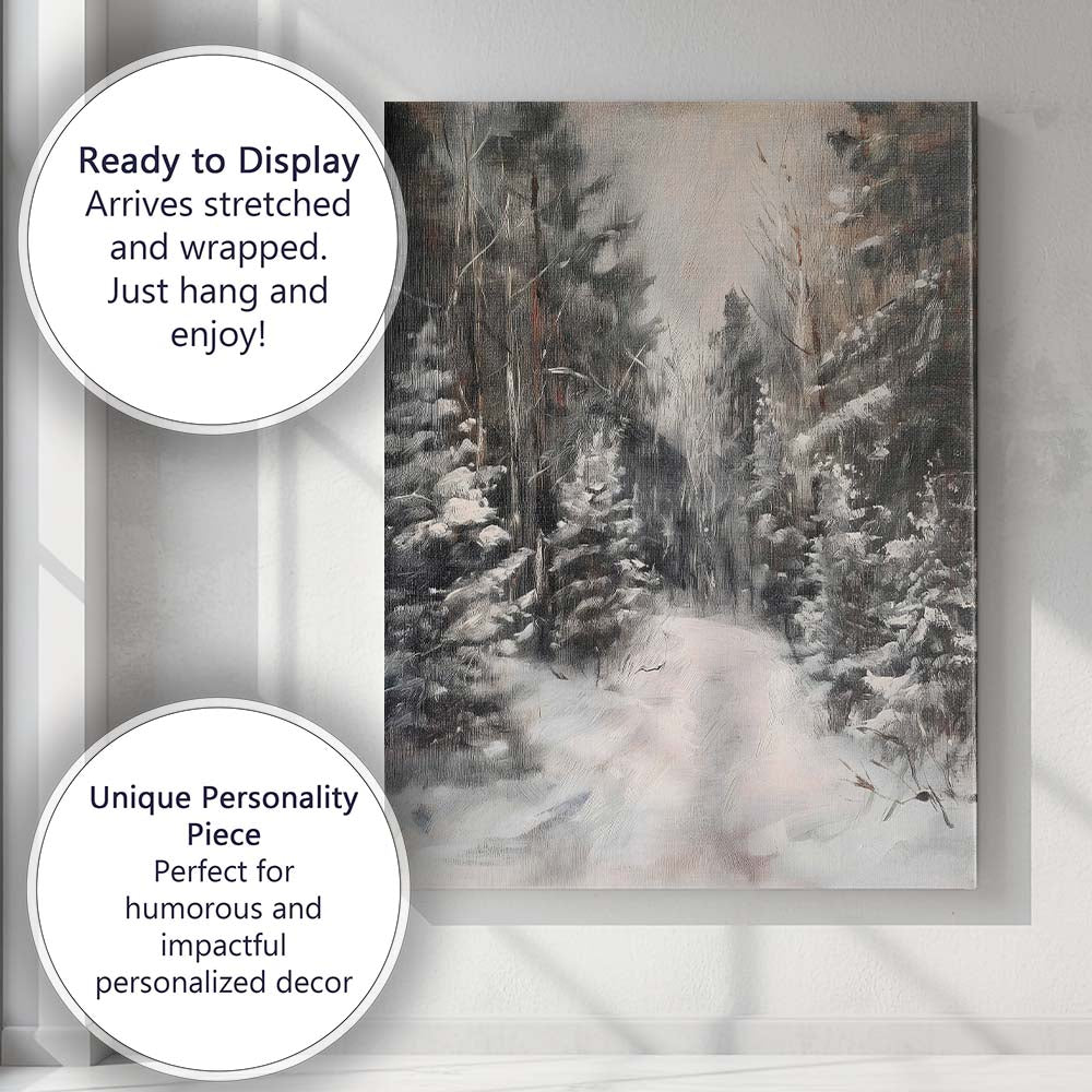 Snow Covered Forest Trail Moody Winter Woodland Canvas Wall Art Print Decor Picture Ready to Hang