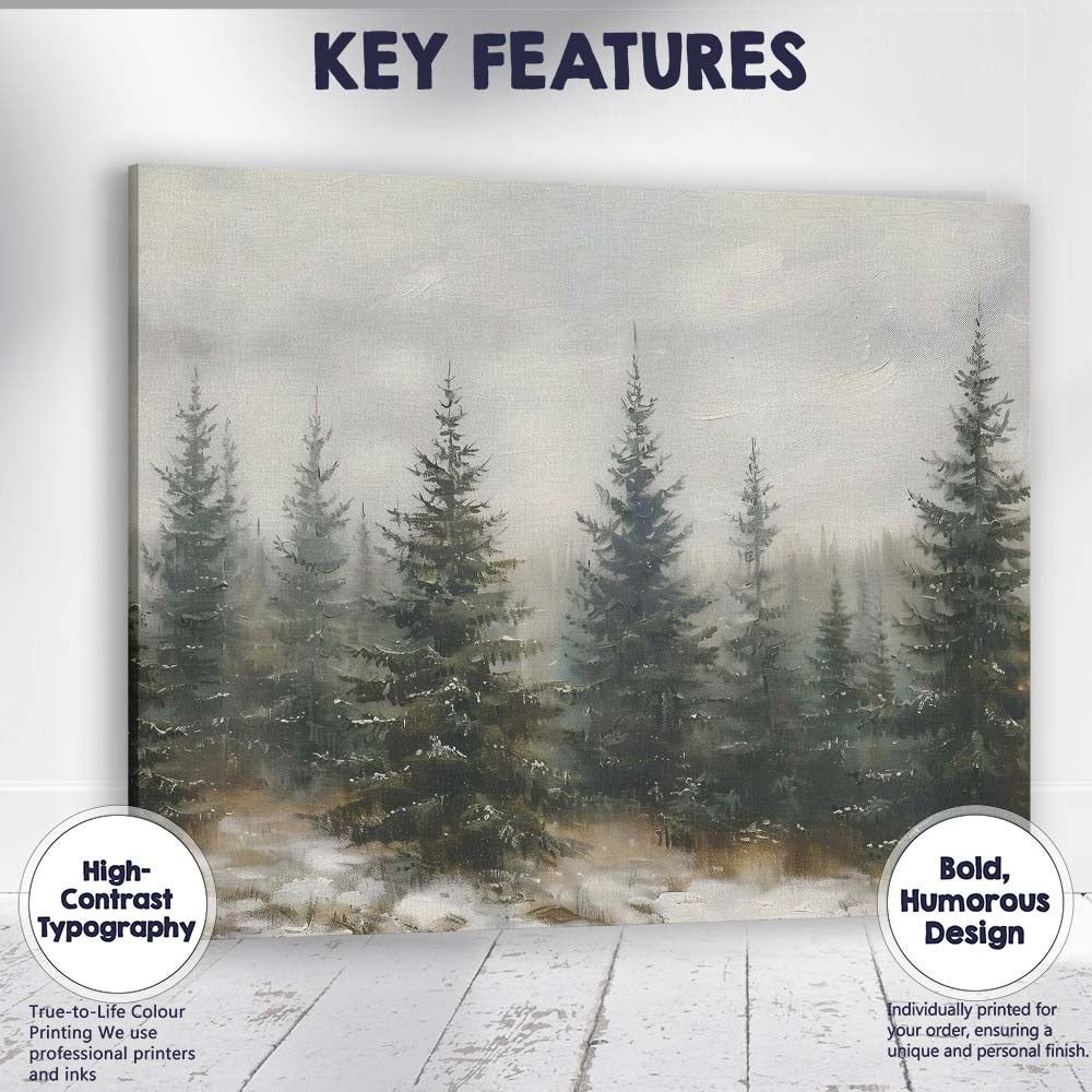 Misty Evergreen Pine Forest Landscape Textured Watercolour Canvas Wall Art Print Decor Picture Ready to Hang